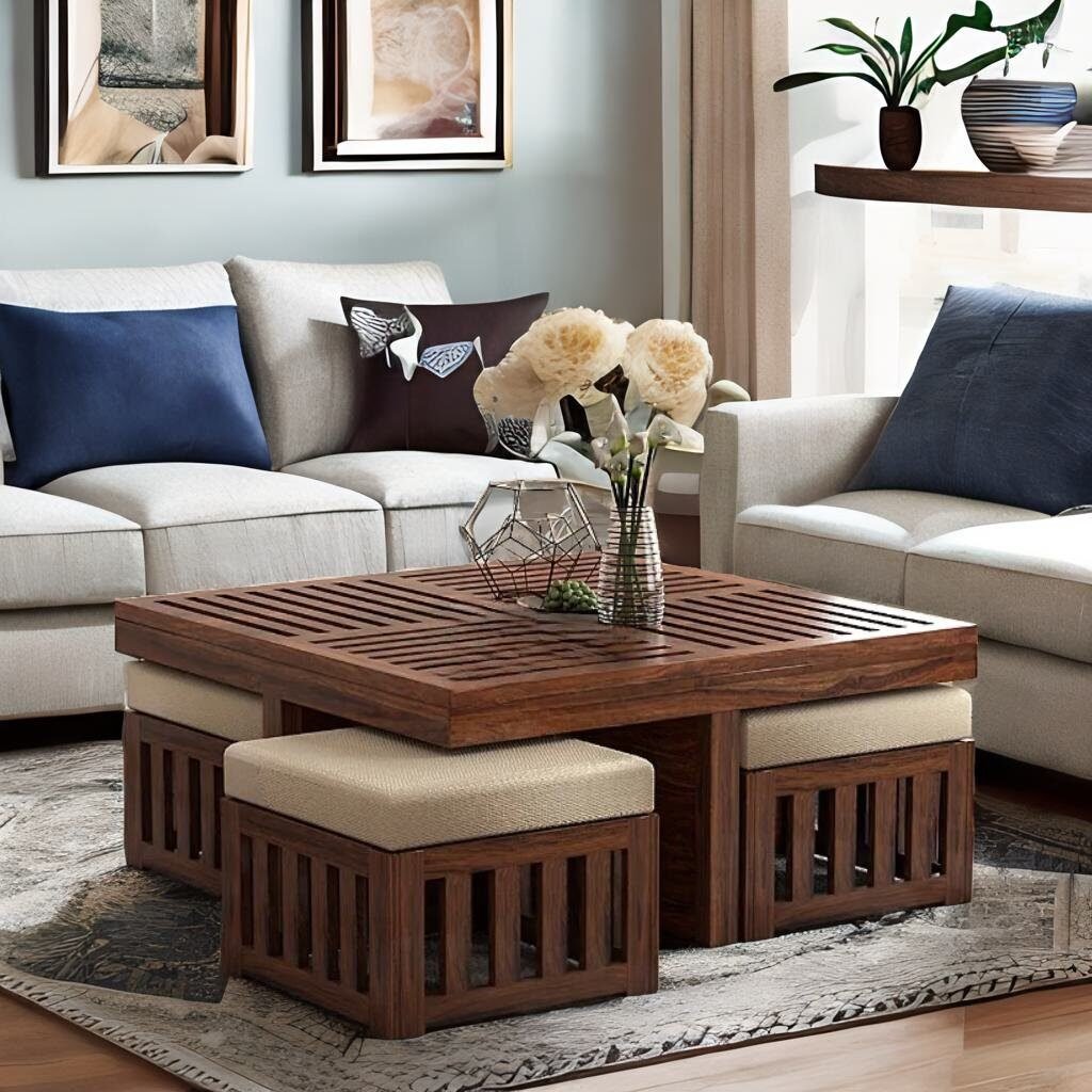 Wooden Coffee Table with 4 Comfortable Cusion Stools Drawing Room Decor Modern Coffee Table Set vmantiquedecor.in