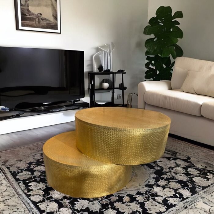 brass coffee table, drum coffee table