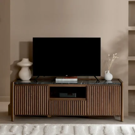 Modern Wooden TV Unit with Black Marble Top and Ribbed Design