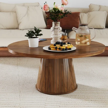 Round Wooden Coffee Table for Living Room – Modern Designer Center Table with Cone Base (Walnut Finish)