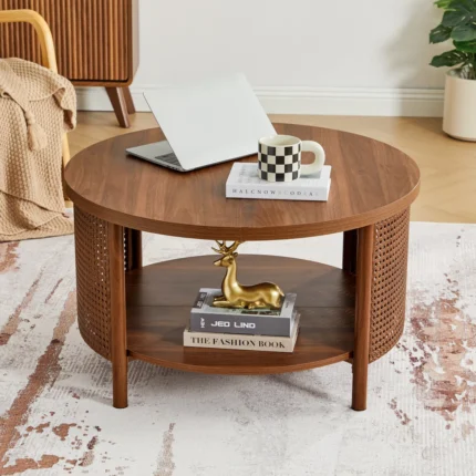 Round Wooden Coffee Table with Rattan Design & Storage Shelf – Modern Center Table for Living Room