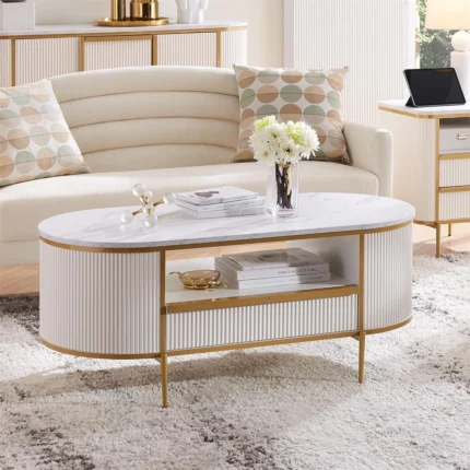 Contemporary Oval Coffee Table with Storage – Marble Look Top