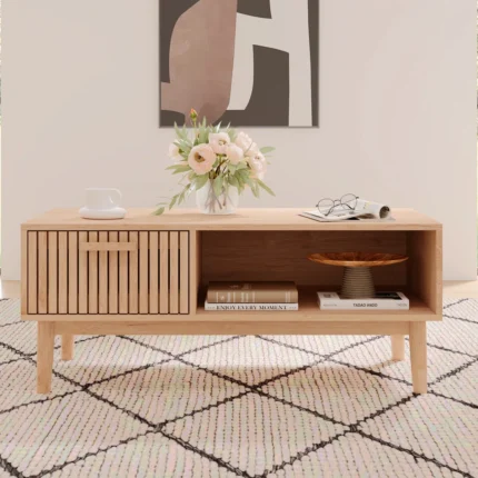 Modern Wooden Coffee Table with Storage Drawer & Open Shelf for Living Room | Solid Wood Centre Table (Natural Finish)