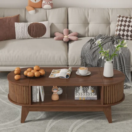 Modern Wooden Coffee Table with Storage – Walnut Finish Center Table for Living Room