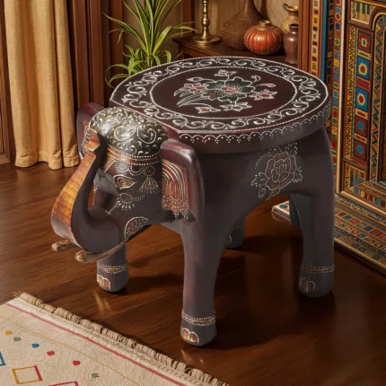 Handmade Wooden Elephant Stool | Decorative Hand-Painted Side Table for Living Room & Home Décor