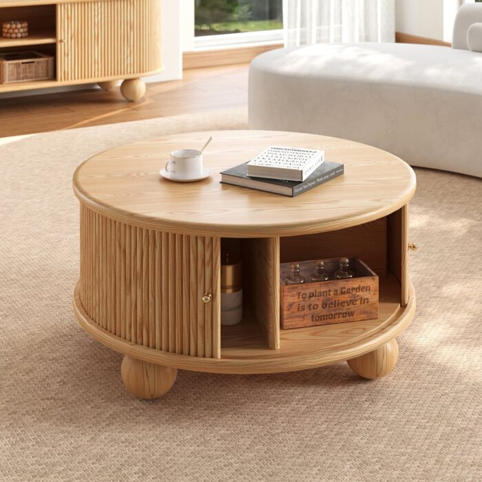Wooden Round Fluted Coffee Table with Storage