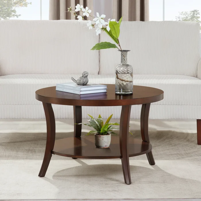 Wooden Round Coffee Table with Shelf