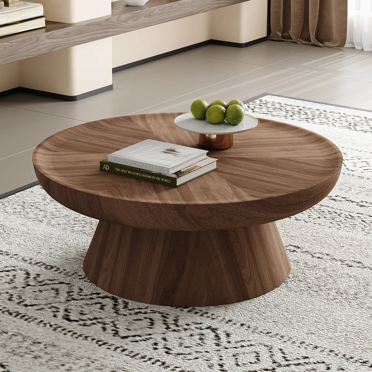 Mid+-+Century+Modern+Round+Coffee+Table,+35.4”+Walnut+Wood+Center+Table+with+Pedestal+Base,+Stylish+&+Functional+Accent+Table+for+Living+Room