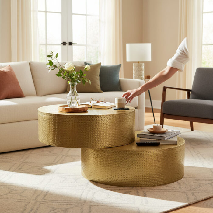 Wood Hammered Brass Round Coffee Table