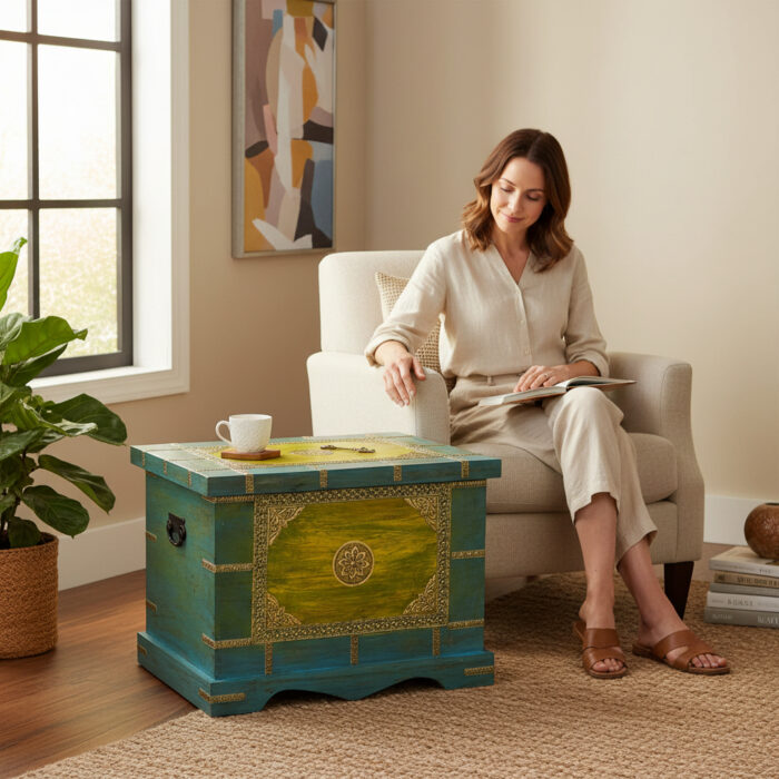 Wooden Painted Brass Trunk Storage Box
