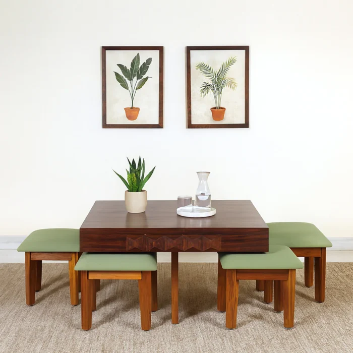 Solid Sheesham Wood Coffee Table With 4 Nesting Stools