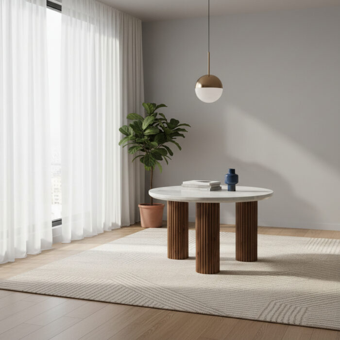 Round Marble Coffee Table with Fluted Wooden Base