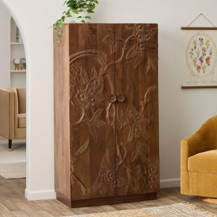 Wooden Hand Carved Floral Storage Cupboard