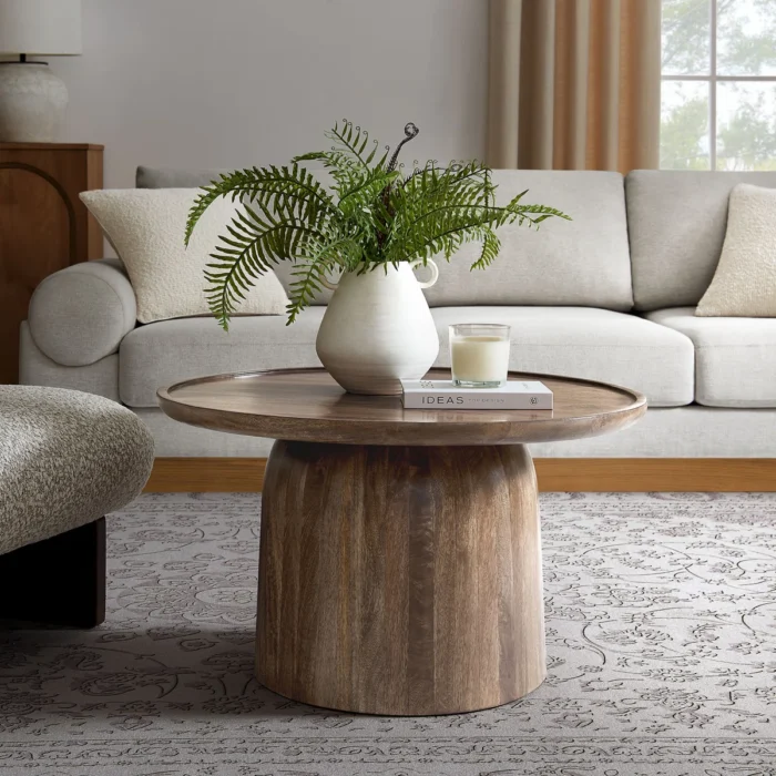 Solid Wood Round Drum Coffee Table for Living Room