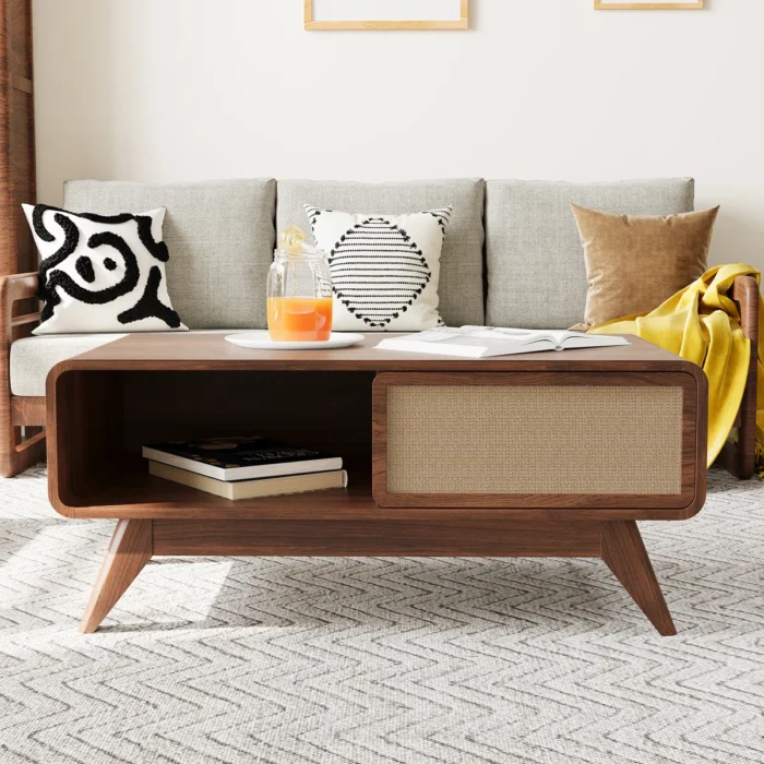 Wooden Coffee Table with Sliding Door Storage