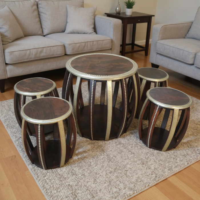 Wooden Round Drum Coffee Table With 4 Stool