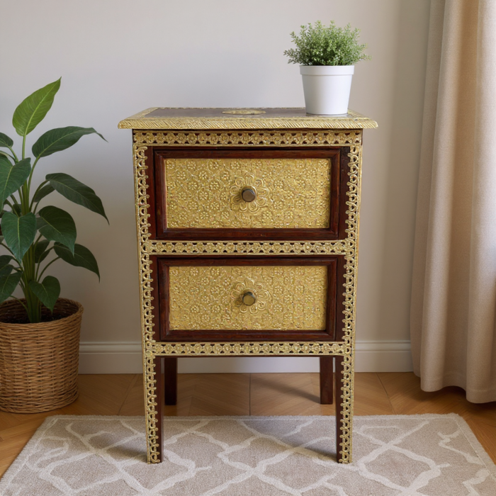 Wood Brass Desk Bedside Cabinet