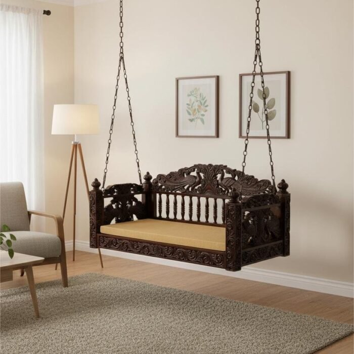 Handcarved Wooden Peacock Design Swing Jhula With Cushion