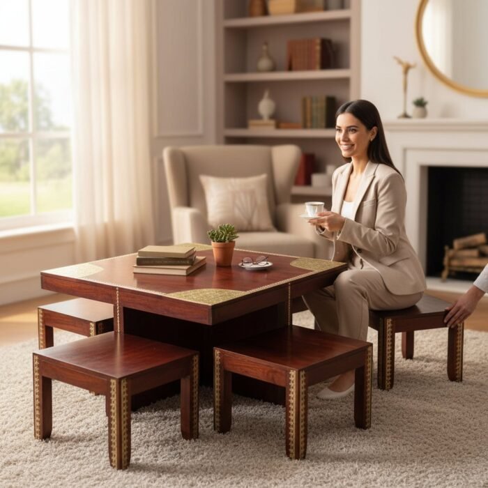 Wooden Brass Coffee Table With 4 Chair