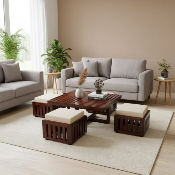 Wooden Coffee Table With Seating Stools
