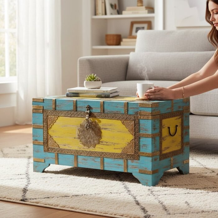 Wooden Brass Storage Trunk Box-Side Coffee Table
