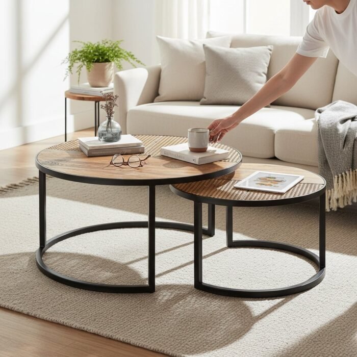Modern Wood Rattan Coffee Table Setof2