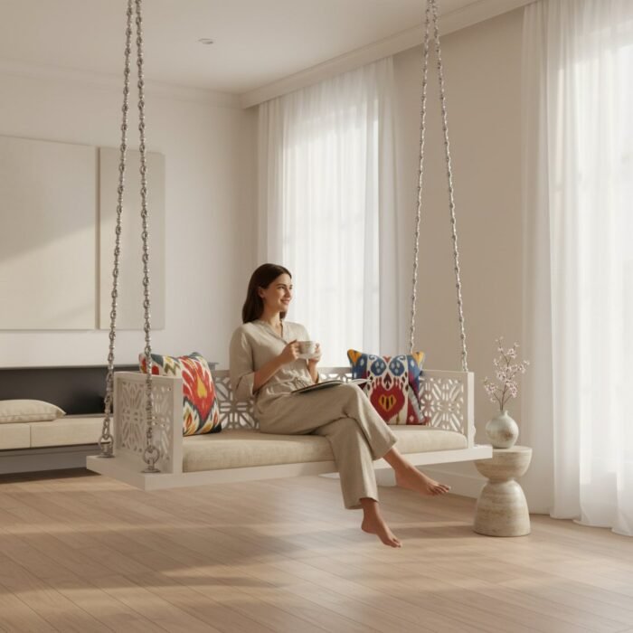 andcrafted Wooden White Lattice Swing Jhula With Silver Chains