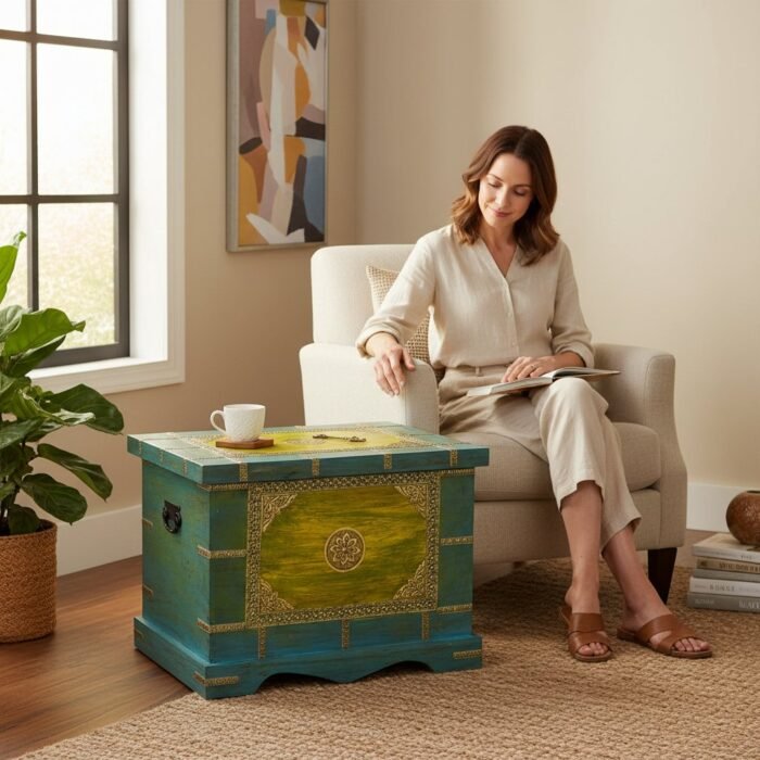 Wooden Painted Brass Trunk Storage Box