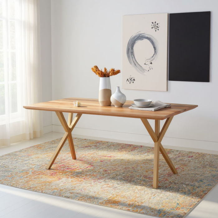 Solid Wood Dining Table with Metal Cross Legs